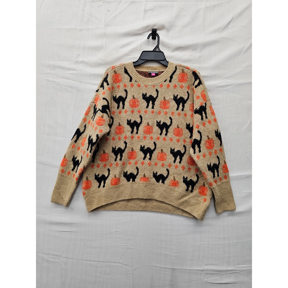 Vince Camuto Womens Halloween Cat Pumpkin Fall Sweater Tan Knit Size Medium